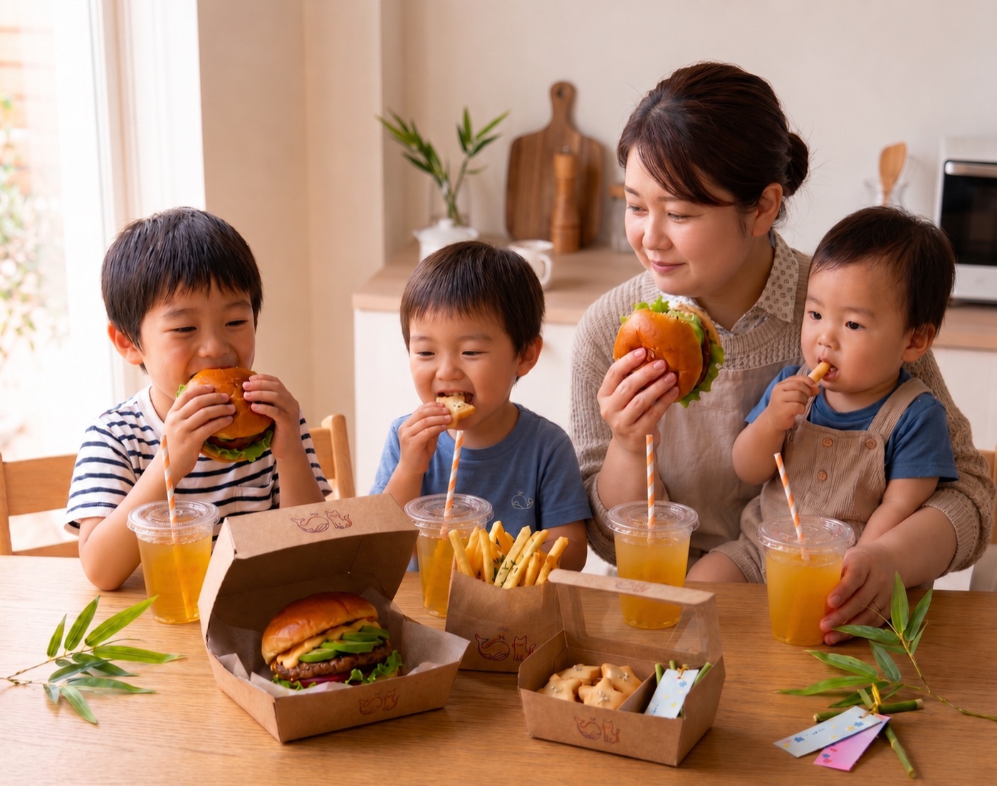 食卓でスターライトバーガーのハンバーガーを楽しむ家族